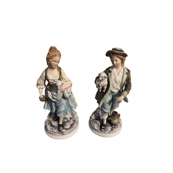 Ethan Allen Porcelain Figurine Set Shepherd & Shepherdess With Lambs Japan - Picture 3 of 12